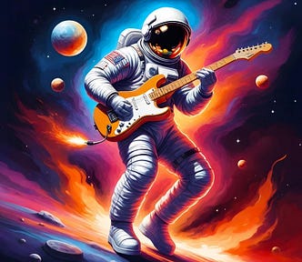 Space man playing the electric guitar