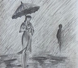 pencil sketch of a lady under an umbrella and a ghost in heavy rains