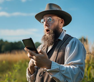 Amish man looking at a phone