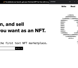 Home page of In Writing, a text NFT marketplace. The text says that you can write, own, and sell any text you want as an NFT. For free.