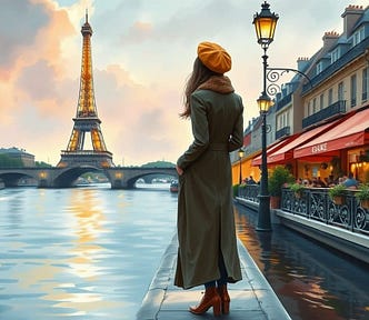 Image shows a woman wearing a coat and hat, standing on the bank of the Seine and looking at the Eiffel Tower.