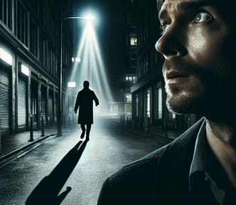 A man being followed by a shadowy figure at night, with his face illuminated by a streetlight as he looks over his shoulder.