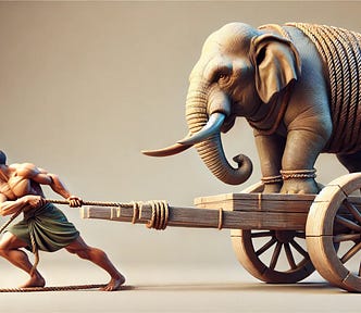 A man pulling an elephant with his bare hands