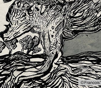 Black and white abstract illustration of a large, central tree with swirling, textured bark and branches. Smaller, similarly styled trees appear in the background, set against a sky shaded in gray tones. The image is highly stylized with bold, expressive lines. A watermark in the bottom right corner reads “©FrancoisTop.”