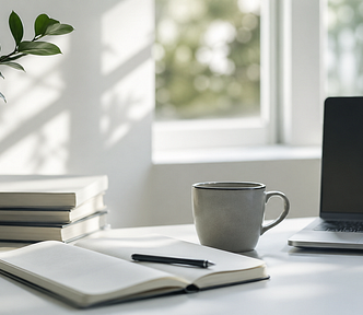 A bright, minimalist workspace with an open notebook and pen on a light desk, a coffee mug, a laptop, and a small plant near a sunlit window.