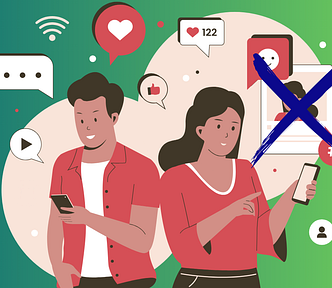 A man and a woman using social media with a picture of the woman with a cross through it