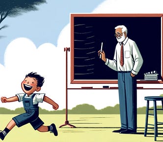 Cartoon of a child is running away laughing from a teacher writing on an outdoor blackboard