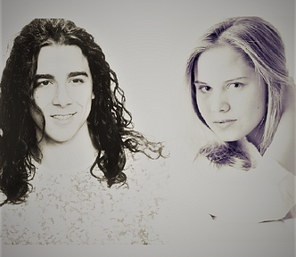 A black and white image of a young man with long dark curly hair and a young woman with blonde wavy hair.