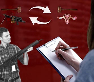 A illustration of gun law swapped with abortion law. Below it, stands a young man holding a gun in a gun shop with a doctor evaluating him.