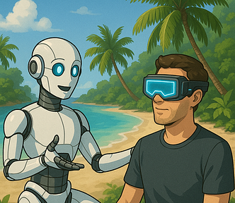 A robot telling a man what’s around: a fantastic tropical beach.