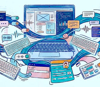 Image of UI components forming and wrapping around a laptop screen