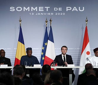 From left, Malian president president Ibrahim Boubacar Keita, Chadian president Idriss Deby, French President Emmanuel Macron and Nigerien President Mahamadou Issoufou pictured during a press conference as part of the G5 Sahel summit.