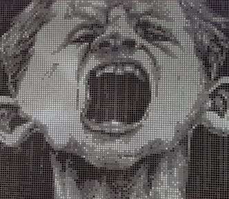 A mosaic image of a young boy screaming.