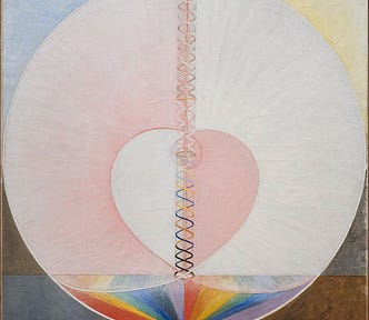 hilma af klint painting the dove number 1 a heart withing a circle posed on a rainbow colors a spiral running through it. As above, so below