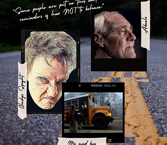 Collage of grumpy, old woman; stoic-looking grandfather and a boy boarding a school bus. The background, yellow line down the middle of a roadway has been sliced and shifted right and left, looking disjointed