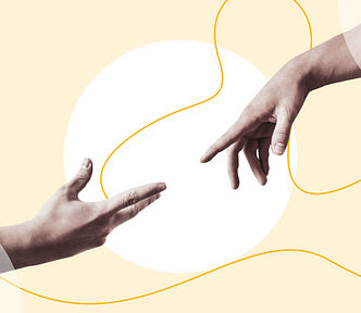 A collage presenting two hands reaching out to each other surrounded by abstract shapes in warm colours.