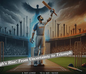 Case Study section image for ‘Shift from Bar Lower to Bar Raiser: The Game of Growth Unveiled,’ depicting protagonist Arjun Singh’s victorious stance in a cricket stadium, symbolizing his growth journey on www.sd-zen-zone.in.