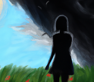 Digital art of a storm cloud rolling over a sunny meadow with a person seen from behind looking on.