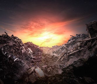 A desolate landscape of twisted metal and crumbling debris stretches toward a glowing sunset, evoking a sense of standing at the end of the world. The scene reflects a moment of uneasy calm after collapse, mirroring the emotional weight of writing in a time defined by rapid technological change, AI disruption, and shifting global uncertainty that feels both overwhelming and inescapable.