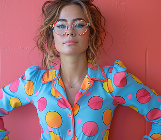 A woman, beautiful, posing in a funny position, with vivid color clothes wearing eyeglasses wearing contrasting vivid color accessories solated on vivid contrasting pink color background with space. High quality photography in the style of more realistic details and texture of, clean sharp focus, high resolution photography, the photo taken using a Canon EOS R6 Mark II camera and an RF lens showing. Color shades: pink