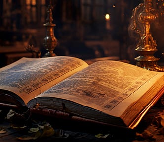 An ancient book laying on a weathered desk with scattered dried leaves laying all around. Candles cast a warm glow in the room.