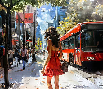 Young woman on a busy street with a bus passing by