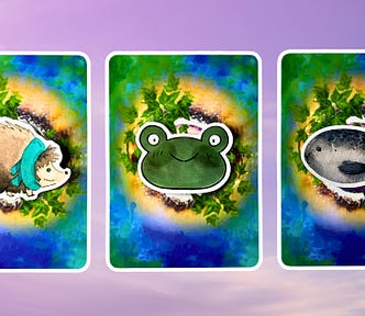 Three tarot and oracle pick a card piles: pile 1 — hedgehog, pile 2 — toad, and pile 3 — seal