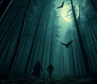 An intensely dense boreal forest falls into twilight. A trio of two men and a woman, scared for their lives, bolt from camp, running into the dark forest, away from something unseen but sinister and powerful, snapping trees as it crashes through the forest behind them. Owls and bats flee the forest in fear. The mood is tense and terrifying.
