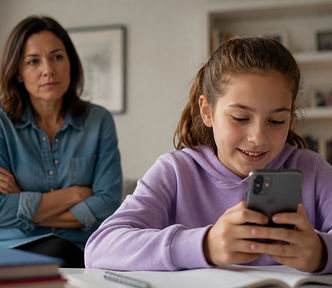 A young girl sits at a table smiling at her smartphone, while her mother stands in the background with a thoughtful, slightly concerned expression in a softly lit living room.