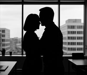 Image shows the silhouettes of a man and a woman hugging in an office setting.