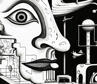 A surreal MC Escher inspired illustration of a man with strangely shaped objects in his head and around him