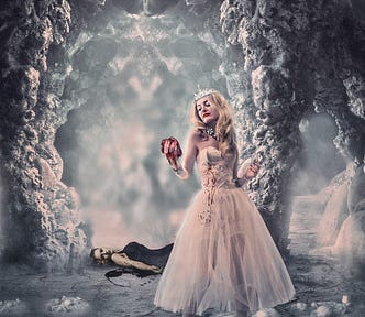 A crowned Queen holding the bloody heart of her nemisis in her hand while they layid dead behind her.