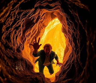 The cavern bloomed bronze, the walls seeming to caramelize. Pale shadows flickered, stretching toward the ceiling. Though he couldn’t see the threat, the haggard and weary man knew that if he had any chance of saving his family, he had to act now. Releasing the tension in his thighs, he lunged forward, his fingernails split, pressing into the rock as he propelled his head and shoulders from the narrow mountain tunnel and yelled. Then something pulled him back into the tunnel.