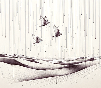 A sketch of doves flying through light rain in the desert