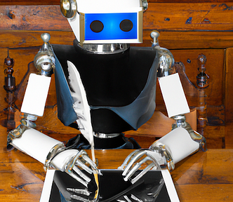 Robot writing on a digital tablet with a quill pen