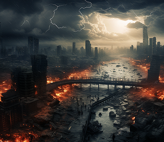Storm over an apocalyptic city.