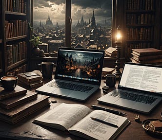 AI generated image of a desk overlooking a window with a view on the city, two laptops on the desk, as well as a book with a pen, stacks of books and bookcases lining both walls.