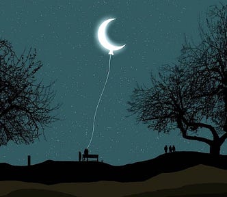 illustration: someone sits on a park bench at night and shoots the crescent moon with an arrow-tipped string