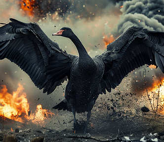 Real photography of a giant black swan opening its wings, background is scene with bombs, smoke and fire, very gloomy day, AI image created on midjourney v6 by henrique centieiro and bee lee