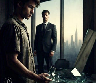 A person holding a broken mirror, with a stronger, more determined person in the background