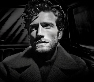 High contrast black & white image. Nighttime. A worried man with curly hair sits in the back of an SUV.
