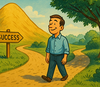 A horizontal cartoon of a man standing at a fork in the road, smiling, choosing the shaded side path over the hill marked “Success.”