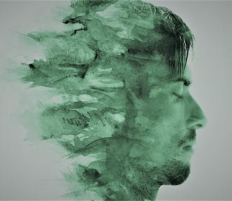 Paintography. Double exposure profile portrait of a young, attractive man.