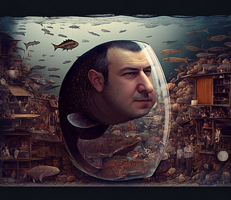 Antonio Sadaric LinkedIN profile picture as a thought from the “Thought Cabinet”, envisioned by AI. Shows a man’s face in a bubble or glass container under the see with lots of objects around it. Like on the ocean floor or in a closet.