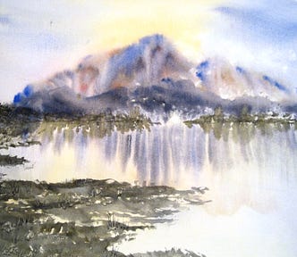 Watercolor of mountain in the distance with water in foreground