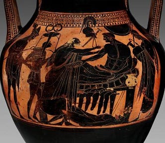 Attic black‑figure amphora showing the ransom of Hector: white‑haired Priam strides toward the reclining warrior Achilles, arms outstretched in supplication, while Achilles lounges on a couch holding a shallow drinking bowl above Hector’s naked, blood‑streaked corpse on the ground; at the left the god Hermes and a young attendant carry a tripod and bowls as ransom, and at the right a female servant approaches with a water jar, all set against the glossy black body of the vase.