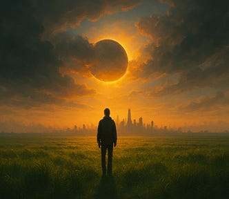 You still have time, but not much. Picture is of a lone man walking toward a city under an eclipsed sun.