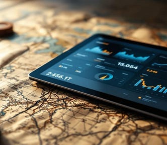 A digital tablet displaying colorful data dashboards rests on top of an old-fashioned paper map, next to a compass. The image contrasts modern data visibility with traditional navigation tools, symbolising the gap between seeing information and taking action.