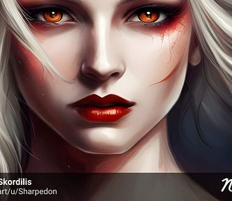 AI image of a vampire woman with silver hair, deep red lips and orange-fiery eyes with some blood vessels popped around them.