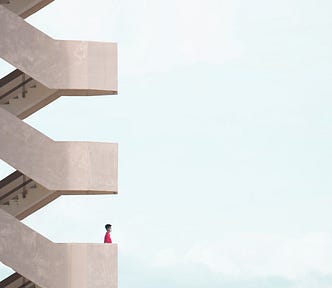 Sideview of endless flights of exterior concrete stairs, with a man gazing out at the pale blue sky.